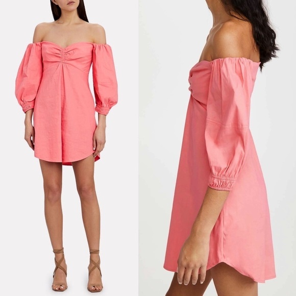 ALC Linen Off Shoulder Puff Sleeve Ruched Sweetheart Neck Smocked Babydoll Dress - Picture 4 of 10